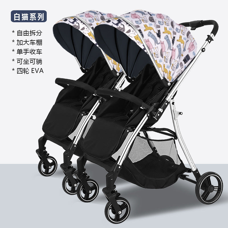 Twin stroller - lightweight, high-view, portable, convertible (sitting/reclining), detachable, double baby stroller, foldable, universal fit