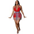 C5871 cross-border fashion new sexy nightclub hot diamond backless halter jumpsuit tassel short skirt two-piece set for women