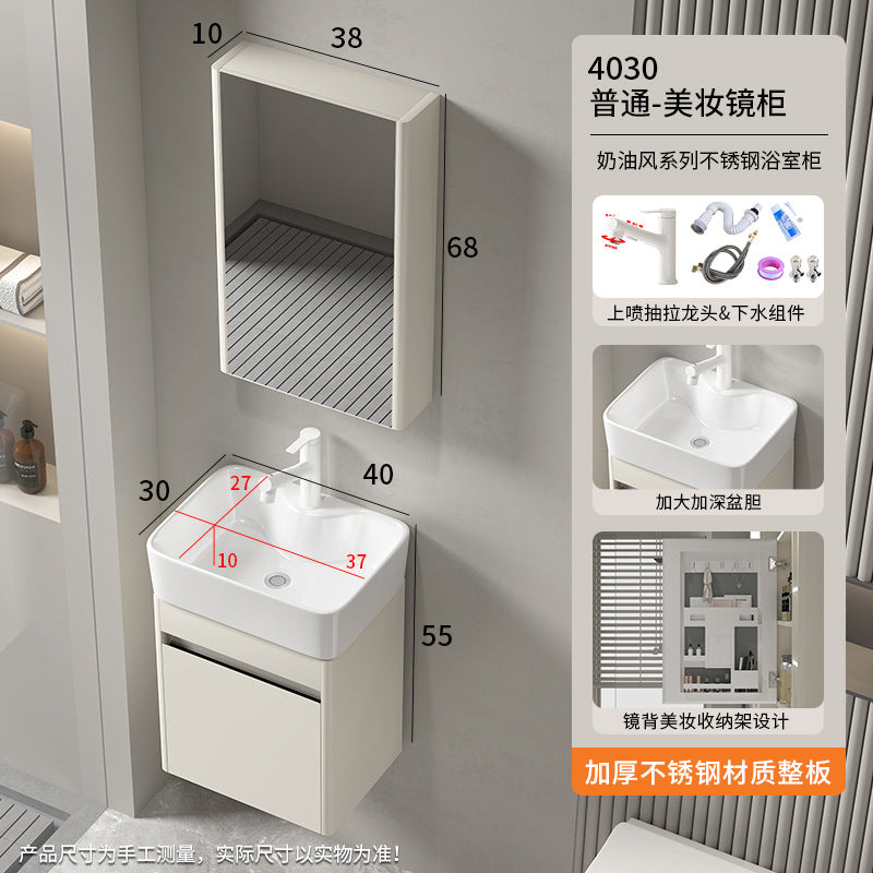 Small apartment bathroom cabinet Thickened stainless steel washstand Integrated cabinet Storage mirror Washstand Deepened ceramic integrated basin