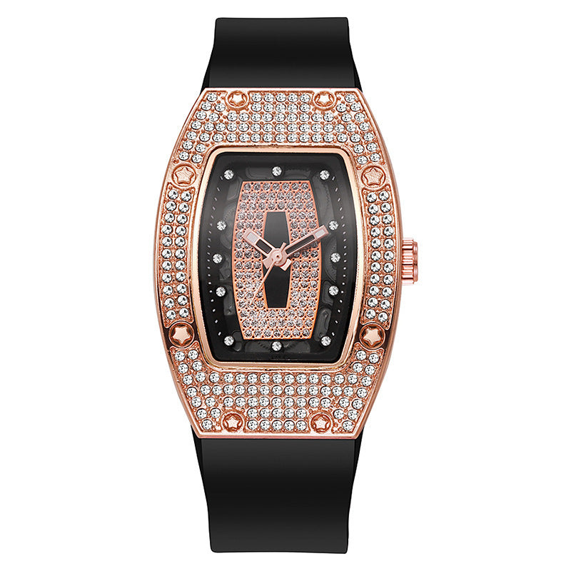 Honghong wine barrel-shaped diamond-encrusted quartz tape women's watch fashiontrendyelegant women's watch silicone watch wholesale