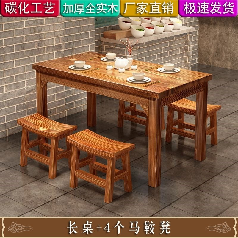 Solid wood dining table snack bar table and chair combination noodle shop hot pot restaurant canteen carbonized fast food firewood dining table