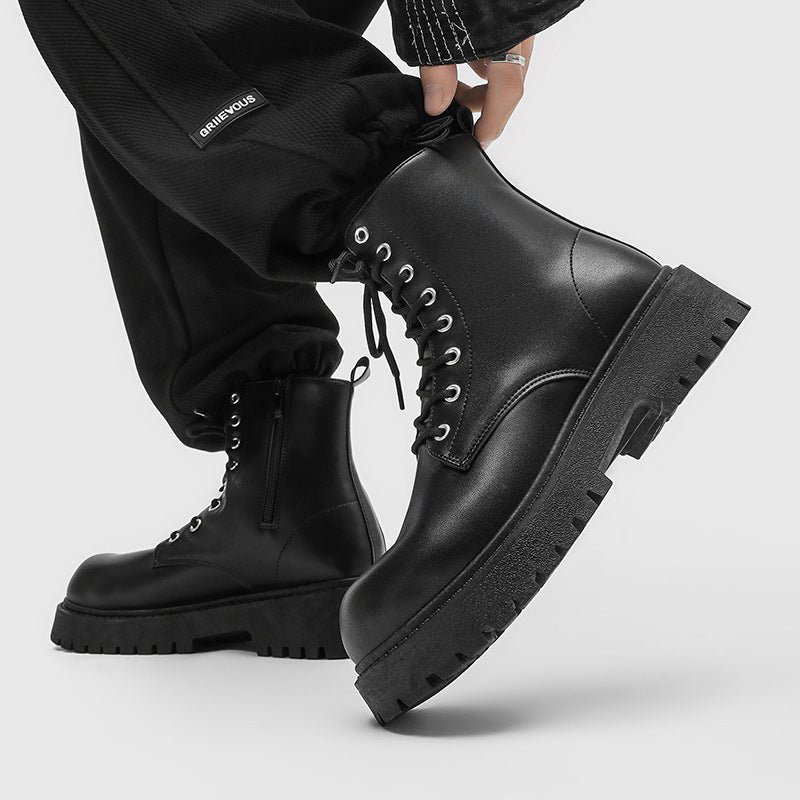 Side zipper boots men's high-top british style leather black workwear motorcycle boots spring height-increasing high-top short boots