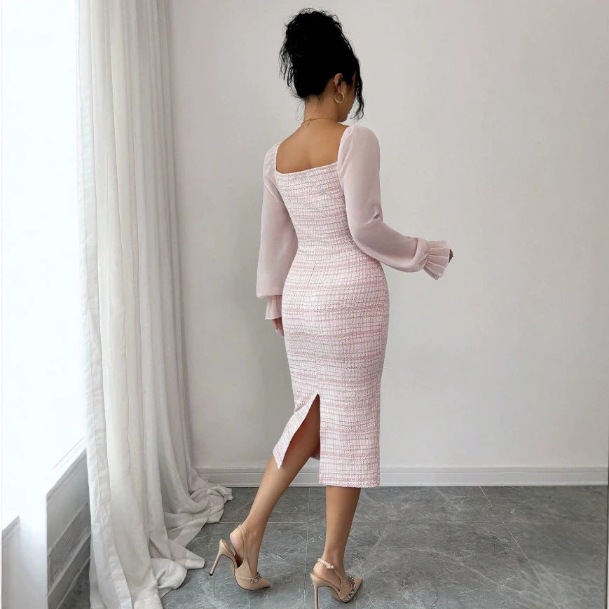 chanel-inspired dress for women, new autumn collection, high-end knitted patchwork, slimming and figure-flattering dress