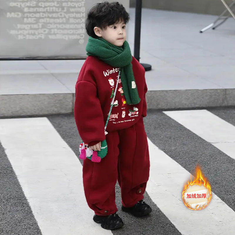 Boys'  hoodie set - autumn/winter outfit for older kids, two-piece set, children's winter fleece-lined korean style premium look
