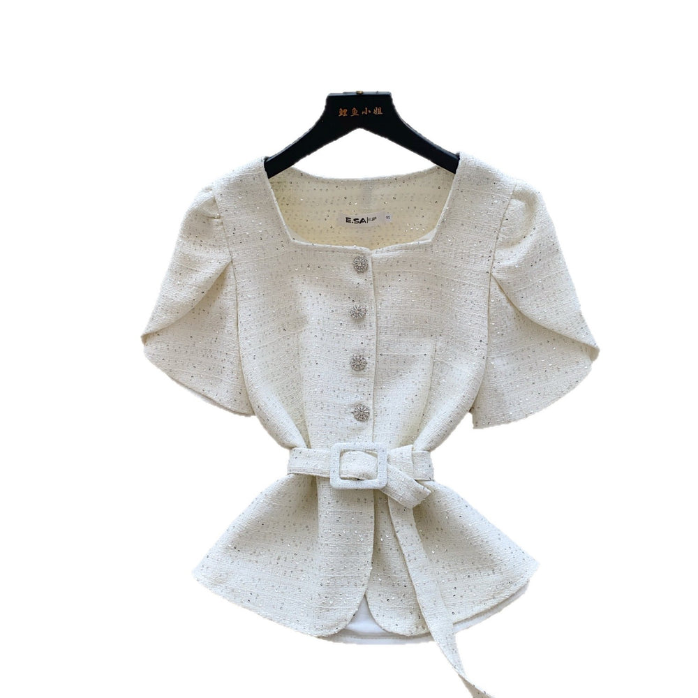 French style square neck short sleeve loose fit versatile blouse - women's commute-friendly, slimming, and elegant single-breasted top