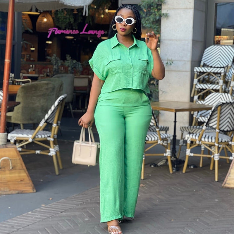 Ready-to-ship cross-border women's apparel for europe and the us:  summer new arrivals, solid color collared short-sleeve shirt and wide-leg pants casual set