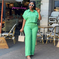 Ready-to-ship cross-border women's apparel for europe and the us:  summer new arrivals, solid color collared short-sleeve shirt and wide-leg pants casual set