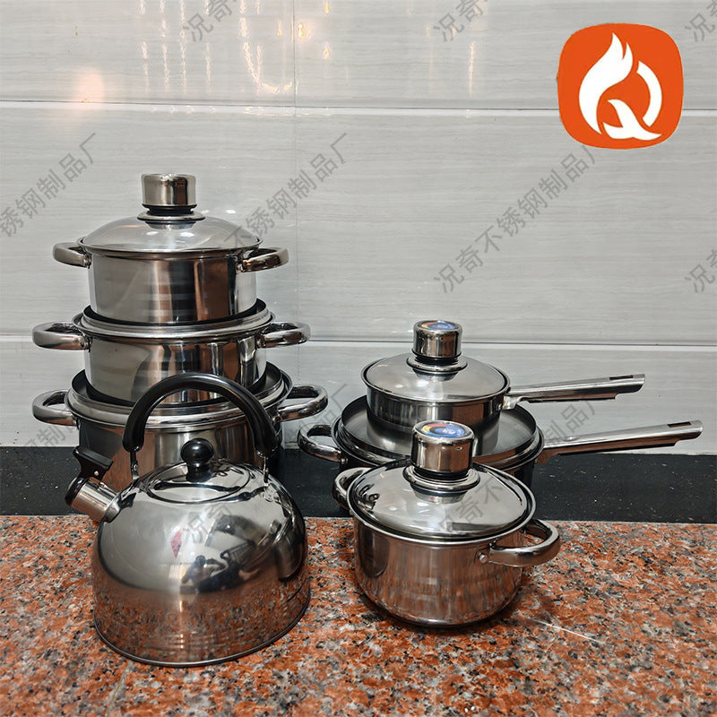 Thermometer suit pot export africa stainless steel multi bottom 14-piece pot set non-stick frying pan milk pot soup pot cookware