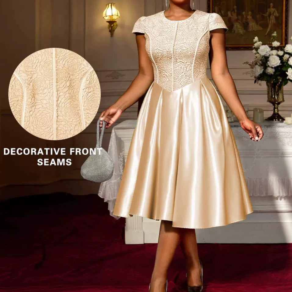 Summer new round neck rose jacquard bridesmaid dress bow tie elegant party dress
