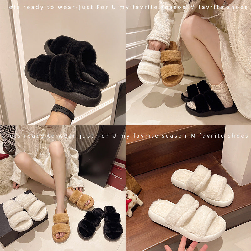 Women's cotton slippers for outdoor wear - 2024 autumn/winter trendy, instagram-famous, super popular, fashionable, versatile, fleece-lined, warm, one-strap slippers