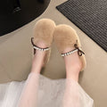 Plus size fairy style pearl half-sole flat slippers -  autumn korean style warm lazy bowknot fuzzy slippers