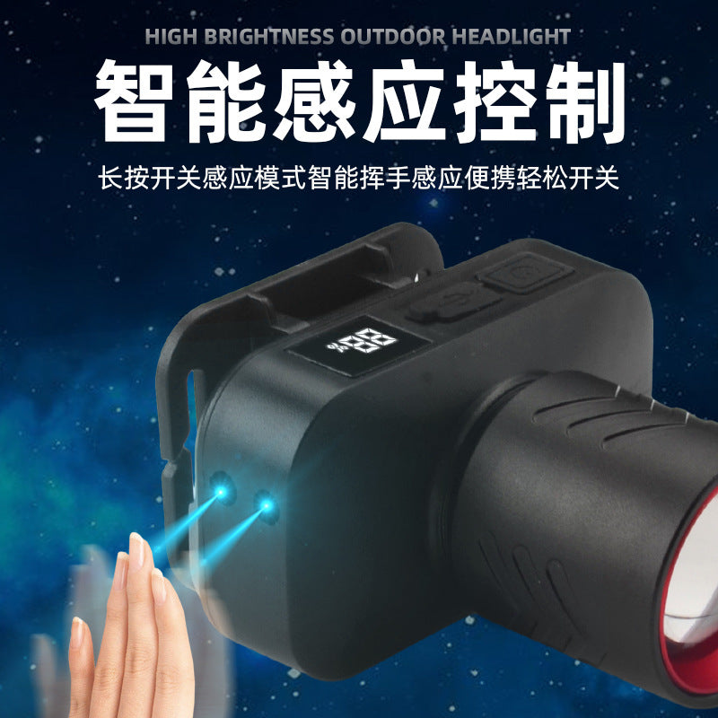 Cross-border outdoor headlights Induction head-mounted flashlights Rechargeable LED digital display lighting for night fishing Small headlights