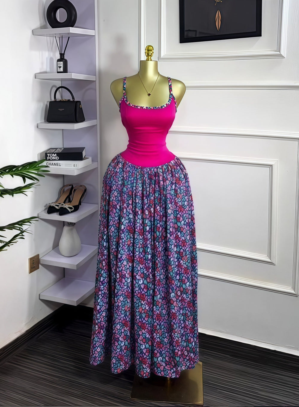 European and american cross-border women's fashion  summer new sleeveless printed sexy camisole bodycon ruched maxi dress