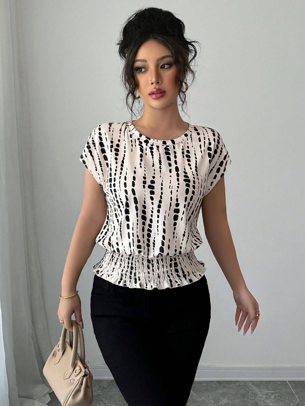 cross-border   independent station fashion women's summer short sleeve round neck elastic waist printing shirt