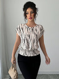 cross-border   independent station fashion women's summer short sleeve round neck elastic waist printing shirt