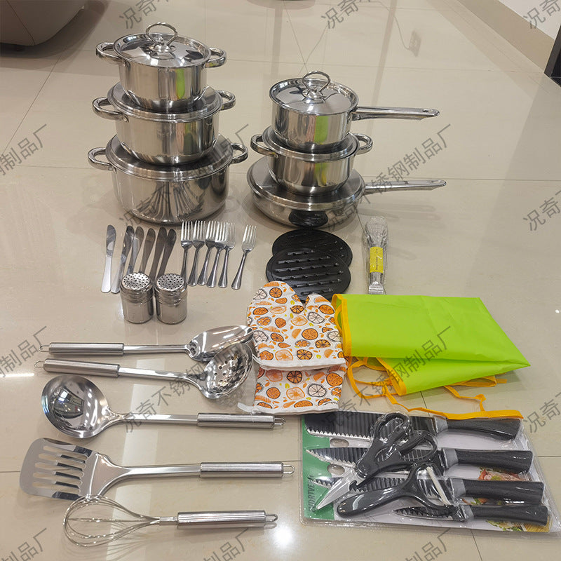 African 35-piece pot set thickened double bottom stainless steel suit pot cross-border 15pcs/45pcs cookware combination pots