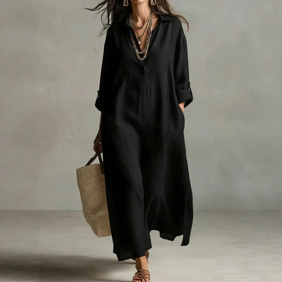 fashion spring and summer new arrivaldresspure color lapel casuallong sleevesshirt skirt lazy style cotton and linen