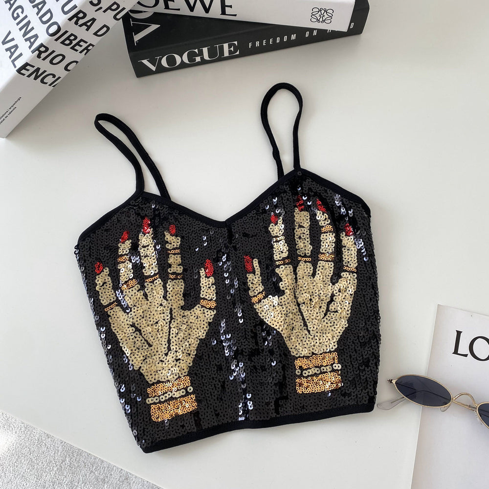 Fashion suspender tube top vest women's summerprinting heavy industry sequin exposed navel design street hot girl petitestops