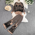 Autumn/winter new collection: artistic knitted print two-piece set for women - round neck top + high-waisted wide-leg pants
