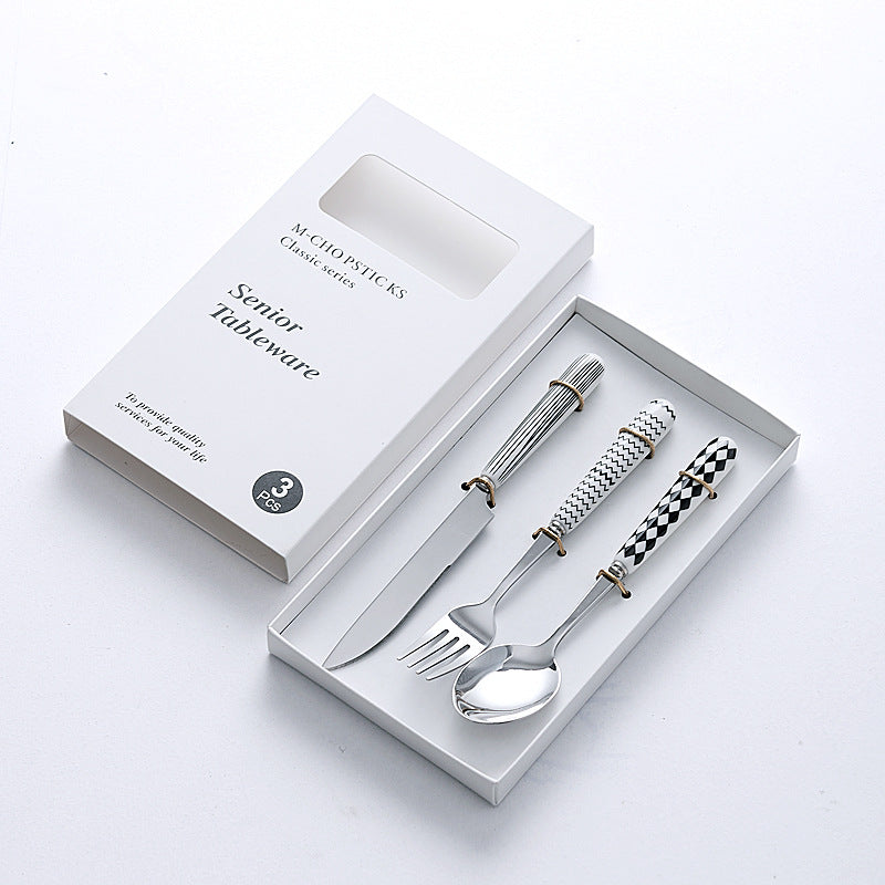 Retro hepburn style stainless steel tableware three-piece knife, fork and spoon set ceramic handle fork and spoon gift box gift wholesale