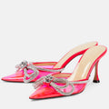 Transparent bow rhinestone high heel sandals pointed toe closed toe stiletto heels fashion european and american cross-border style