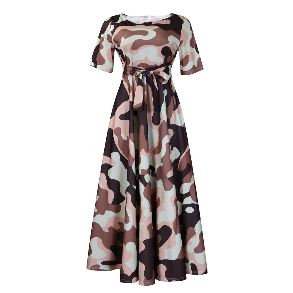 summer new fashion cross-border  elegant women's tie-up printed plus size european and american style dress