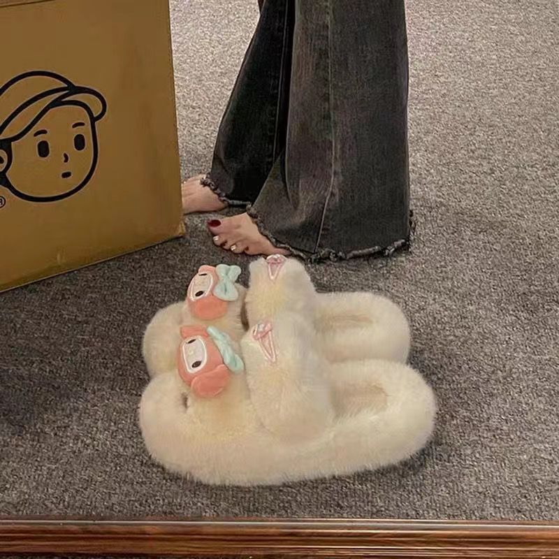 Women's fuzzy slippers - 2024 new fashion, versatile, cute, trendy, thick-soled, non-slip, home cotton slippers, thong sandals