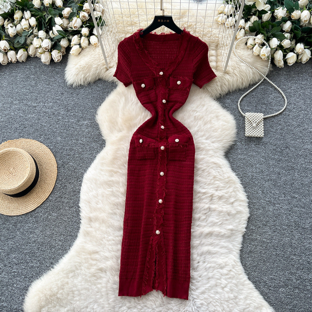 Exportelegance tweed styleretrov neck metal single breasted silmslimming lookelegant hip covering knittingdress spring