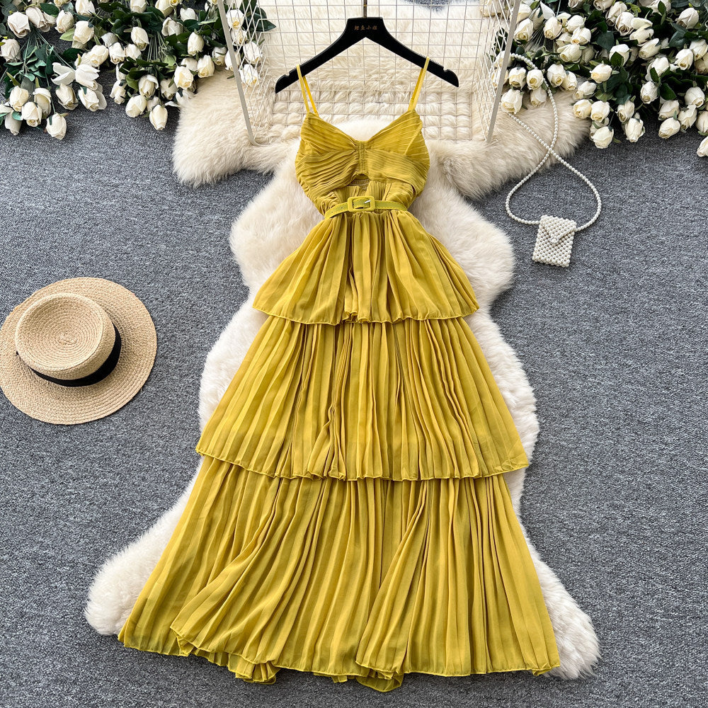 Red suspender layered pleated dress women's summer french holiday style waist ruffles cake skirt slimming look long skirt
