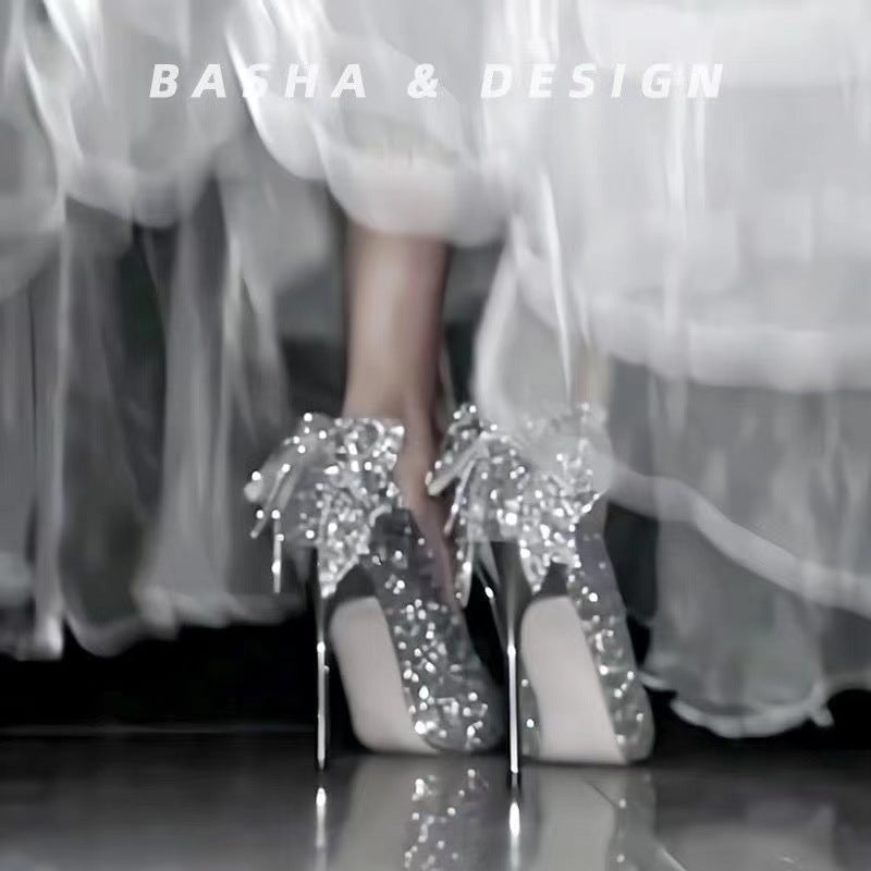 2025 spring/autumn new crystal rhinestone silver bow high heels women's stiletto high heels premium bridesmaid french wedding shoes
