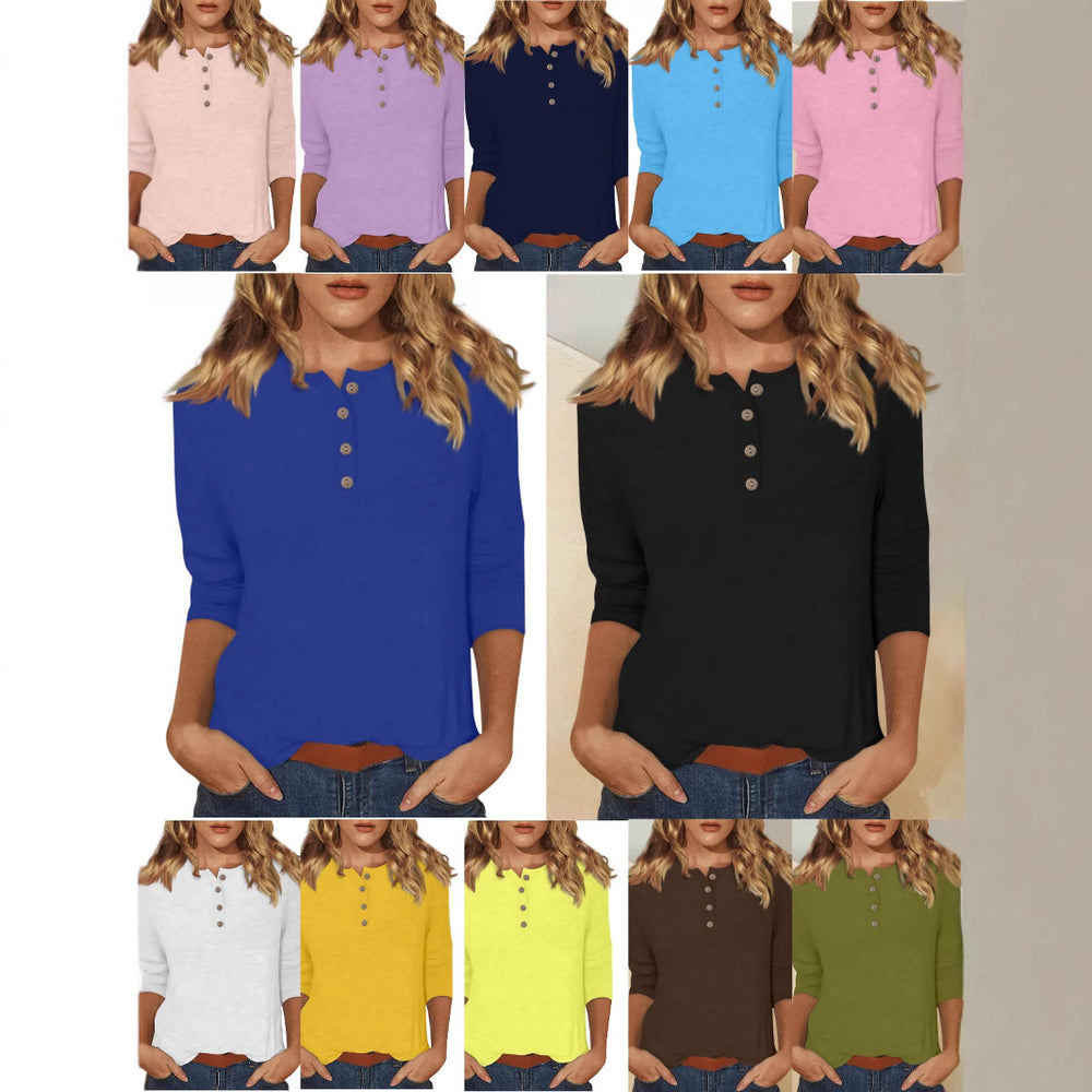 cross-border  women's fashion casual three-quarter sleeve solid color button-down crew neck t-shirt top