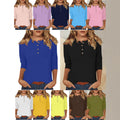 cross-border  women's fashion casual three-quarter sleeve solid color button-down crew neck t-shirt top