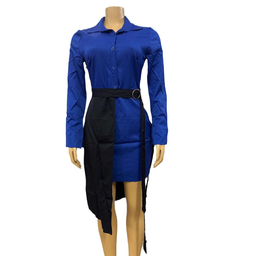 Cross-border European and American new models with belt lapel half cardigan waist hip wrap long sleeve color matching irregular dress women's clothing
