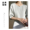 Faux silk five-sleeve t-shirt for women - new summer collection, elegant and relaxed fit, mid-sleeve tee, crew neck top