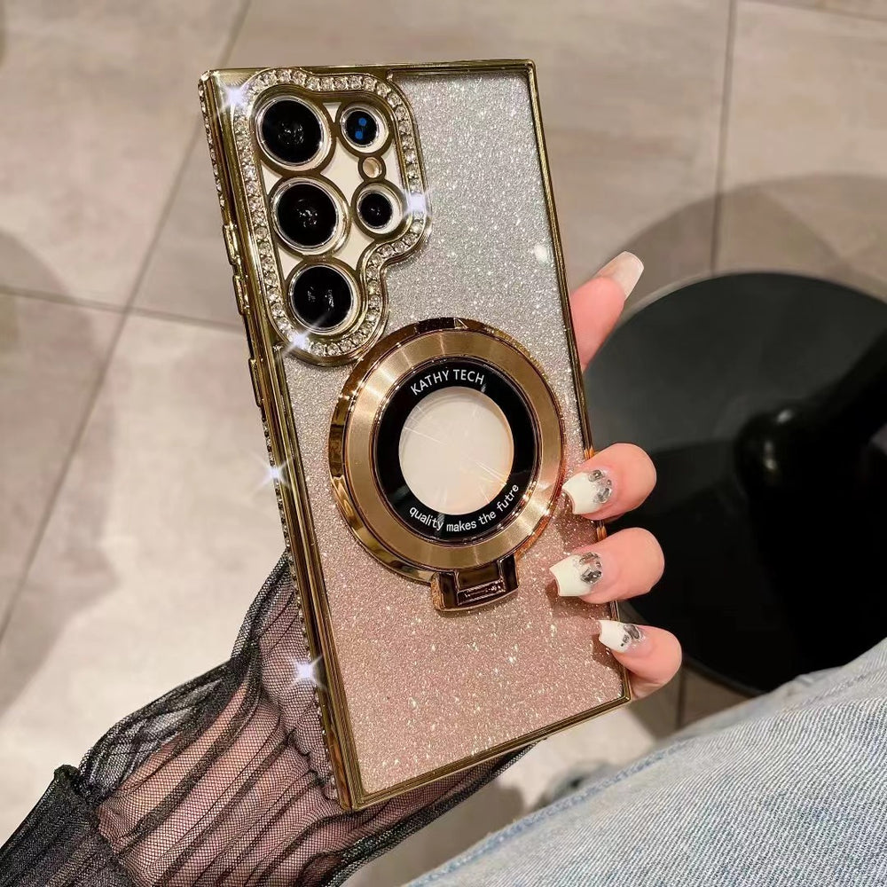Suitable for samsung s25 protective case s26 edge diamond phone case s24 transparent rhinestone magnetic stand a56 anti-fall glitter powder