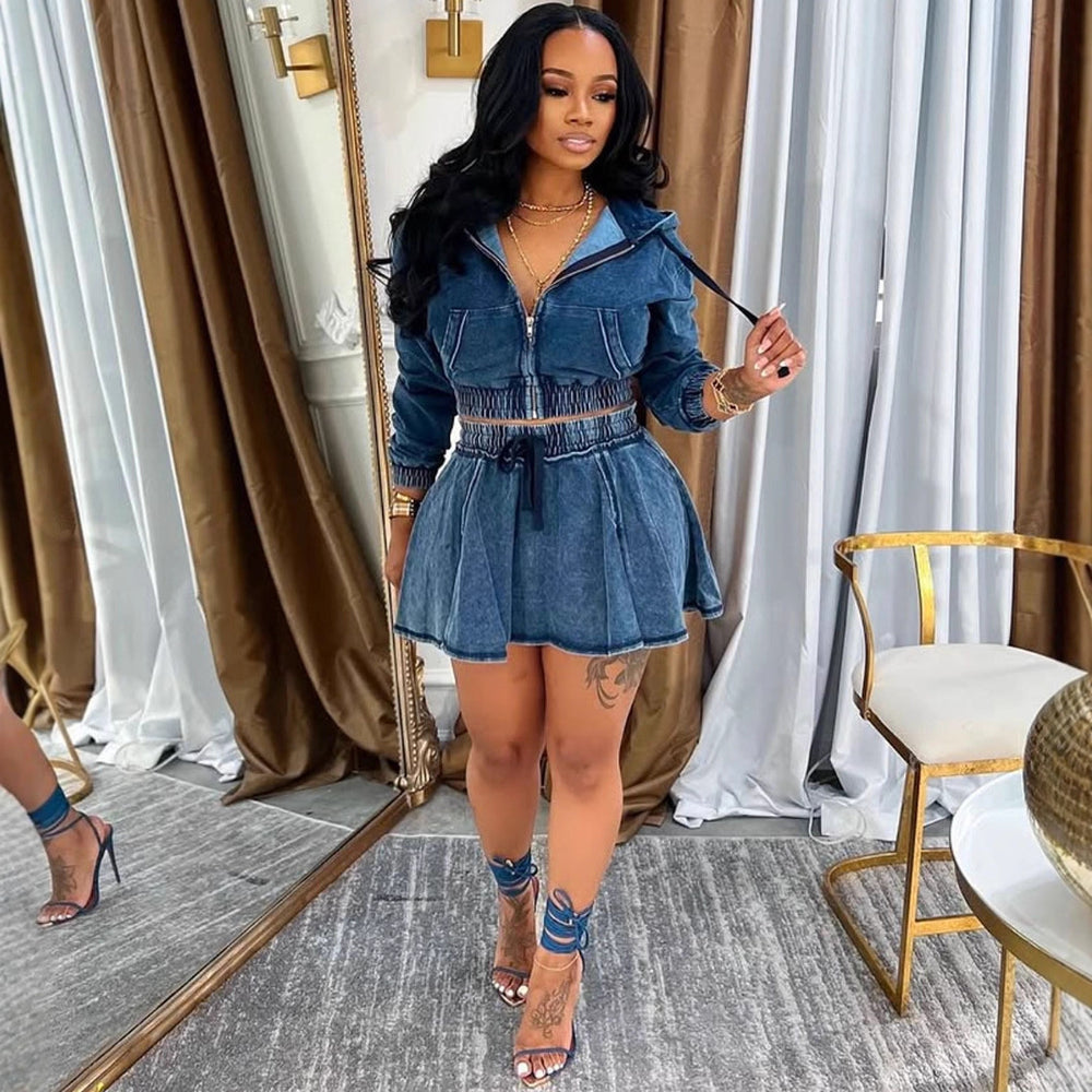 European and american style women's casual skirt set -  cross-border supply - new autumn/winter women's washed denim jacket and mini skirt