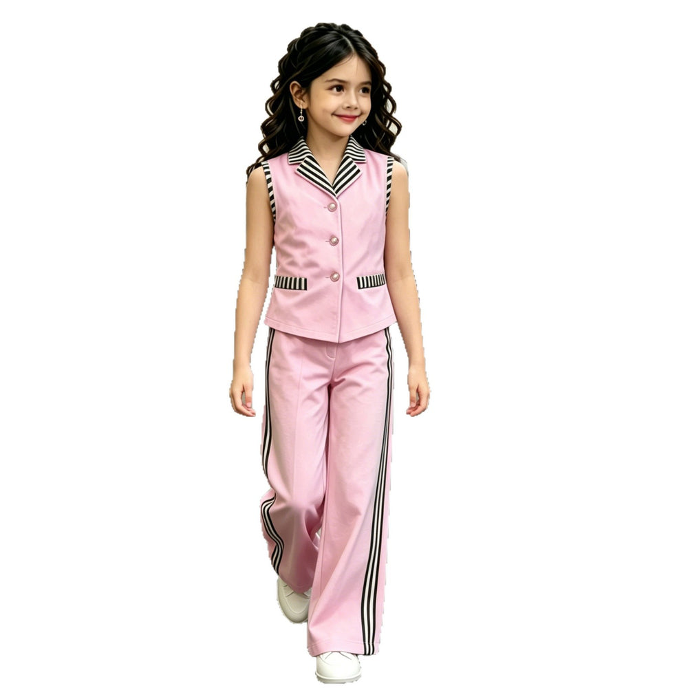 girl's suit lapel sleeveless vest side stripes wide-leg pants multi-color elegantkidstwo-piece set