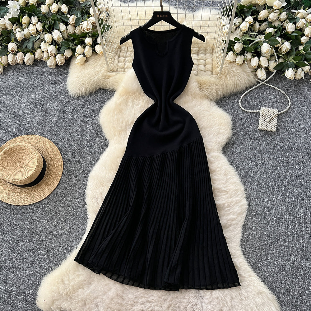 High-end knittingpatchworkasymmetrical mesh dress women's summerfrench waist slimming lookelegant sleeveless long dress