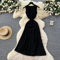 High-end knittingpatchworkasymmetrical mesh dress women's summerfrench waist slimming lookelegant sleeveless long dress