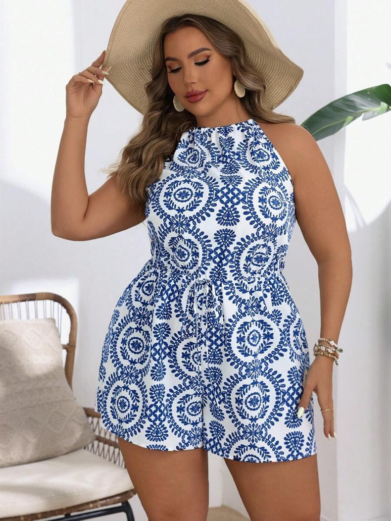 Ready-to-ship, plus-size women's jumpsuit for cross-border e-commerce. summer  european and american hot style: minimalist print, open-back design