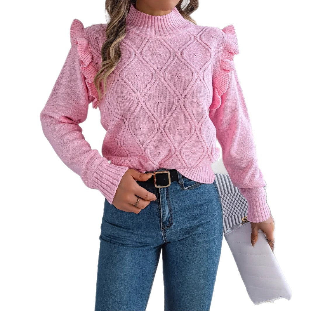 Real shot 2025 autumn and winter European and American solid color fungus edge long-sleeved stand-up collar pullover sweater, independent station  women's clothing