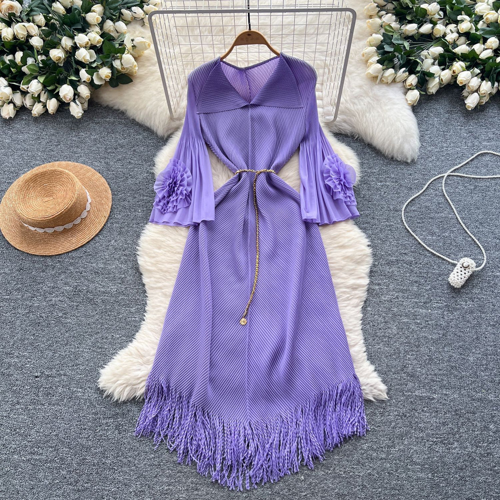 European fashion dress women's  new arrival: high-end tie-waist, collared, floral sleeve, pleated, tassel hem maxi dress