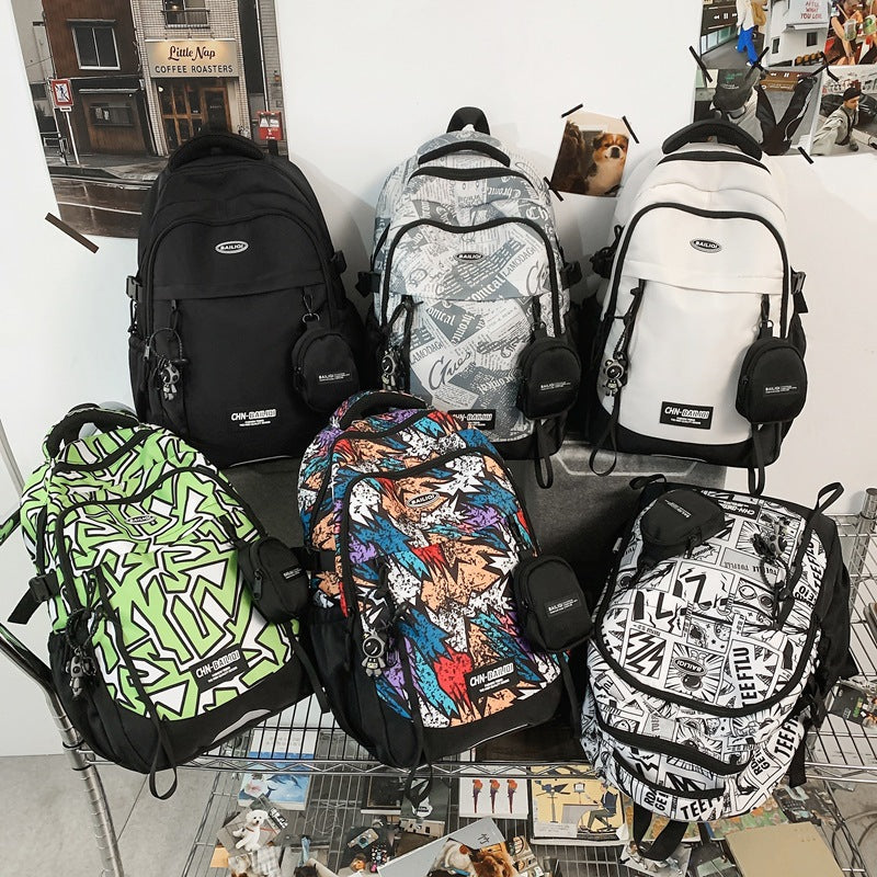 New large-capacity backpack, junior high school student schoolbag, men's and women's casual backpack, printed color schoolbag, student