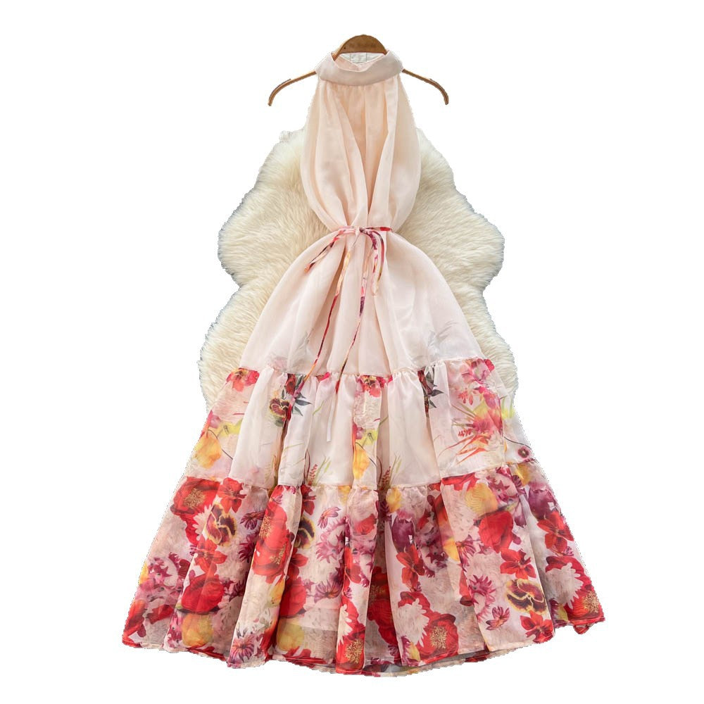French riviera style sleeveless halter floral dress - women's spring/summer high-waisted a-line maxi dress - ethereal & chic