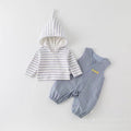 Infant and toddler two-piece overalls set, autumn wear, unisex baby hooded striped shirt and casual overalls jumpsuit