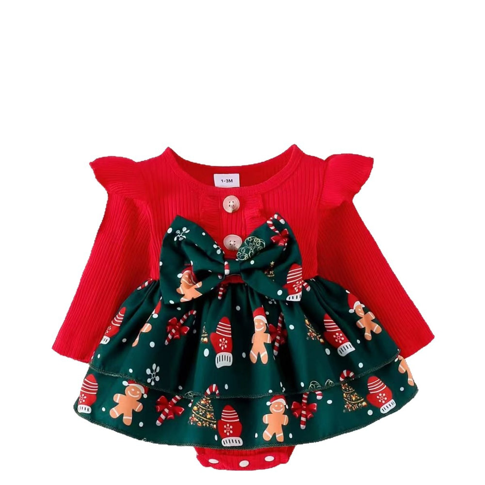 foreign trade christmas element long-sleeved jumpsuit european and american infant pit strips flying sleeves embroidered santa claus printing
