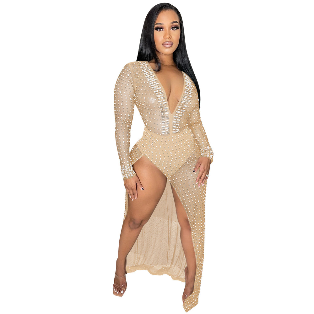 C5729   fashion women's nightclub rhinestone deep v long sleeve slit maxi dress