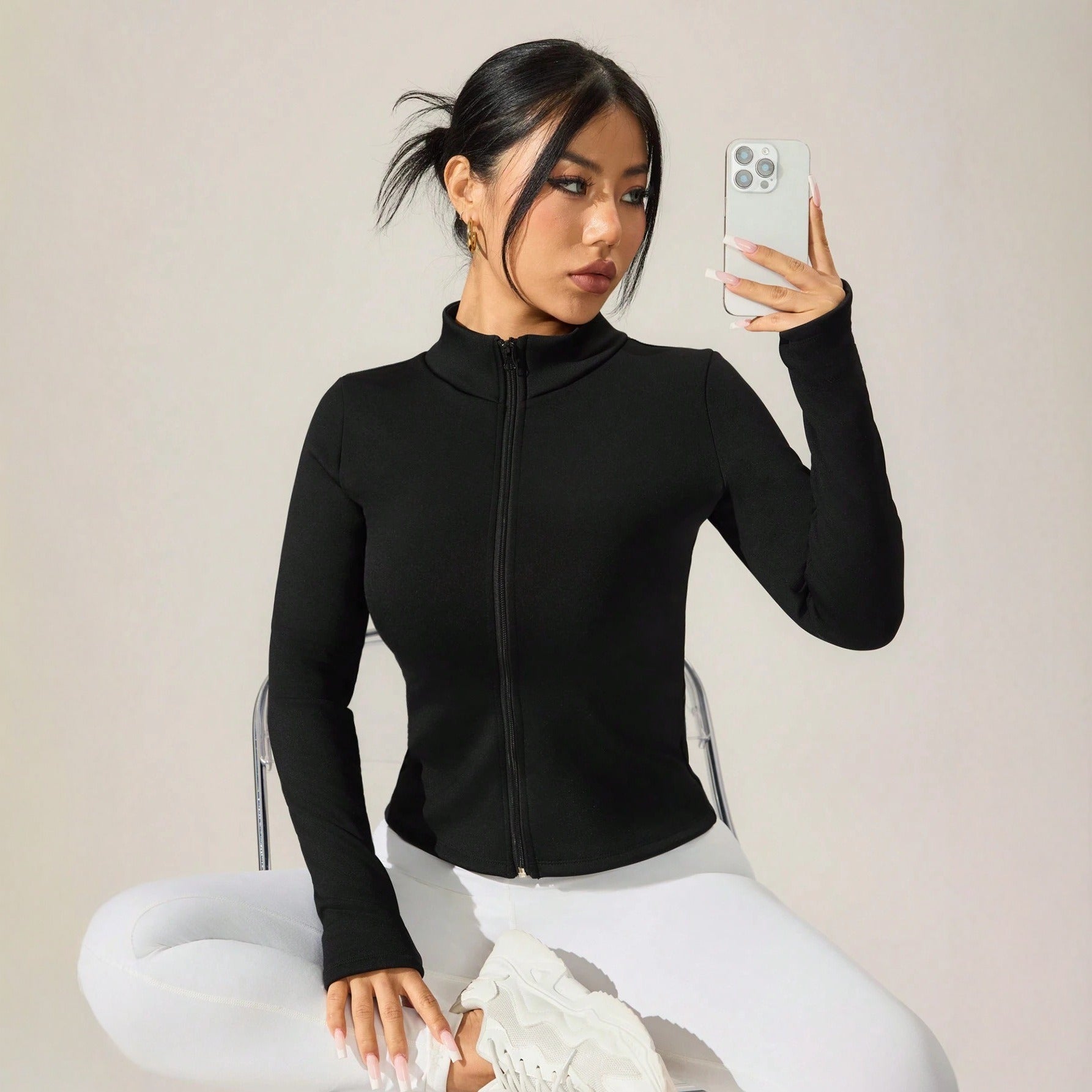 Pre-sale  autumn and winter velvet warm yoga jacket solid color stand-up collar slim wool casual yoga sportswear