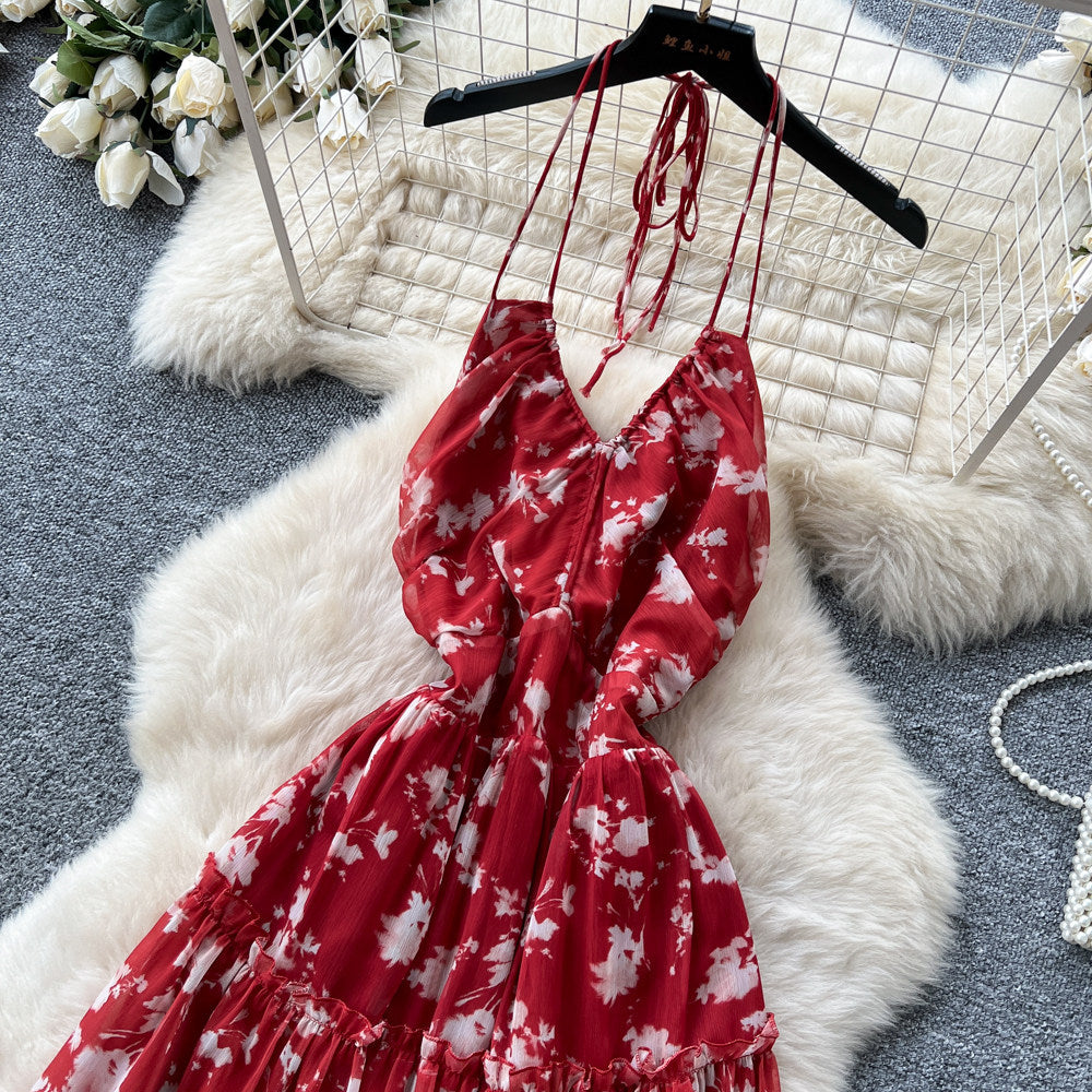 French holiday style red floral suspender dress women's summer pure desire backless sleeveless a-line elegant long skirt slimming look