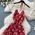 French holiday style red floral suspender dress women's summer pure desire backless sleeveless a-line elegant long skirt slimming look